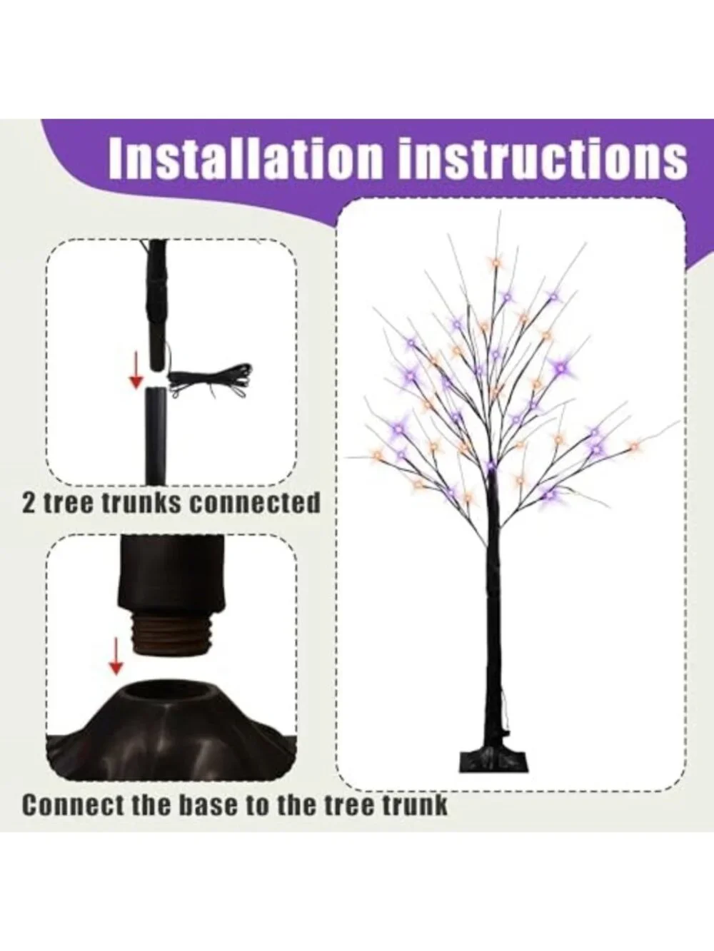 2 Pack 4FT Lighted Birch Trees with 96 LED Purple & Orange Fairy Lights, Timer